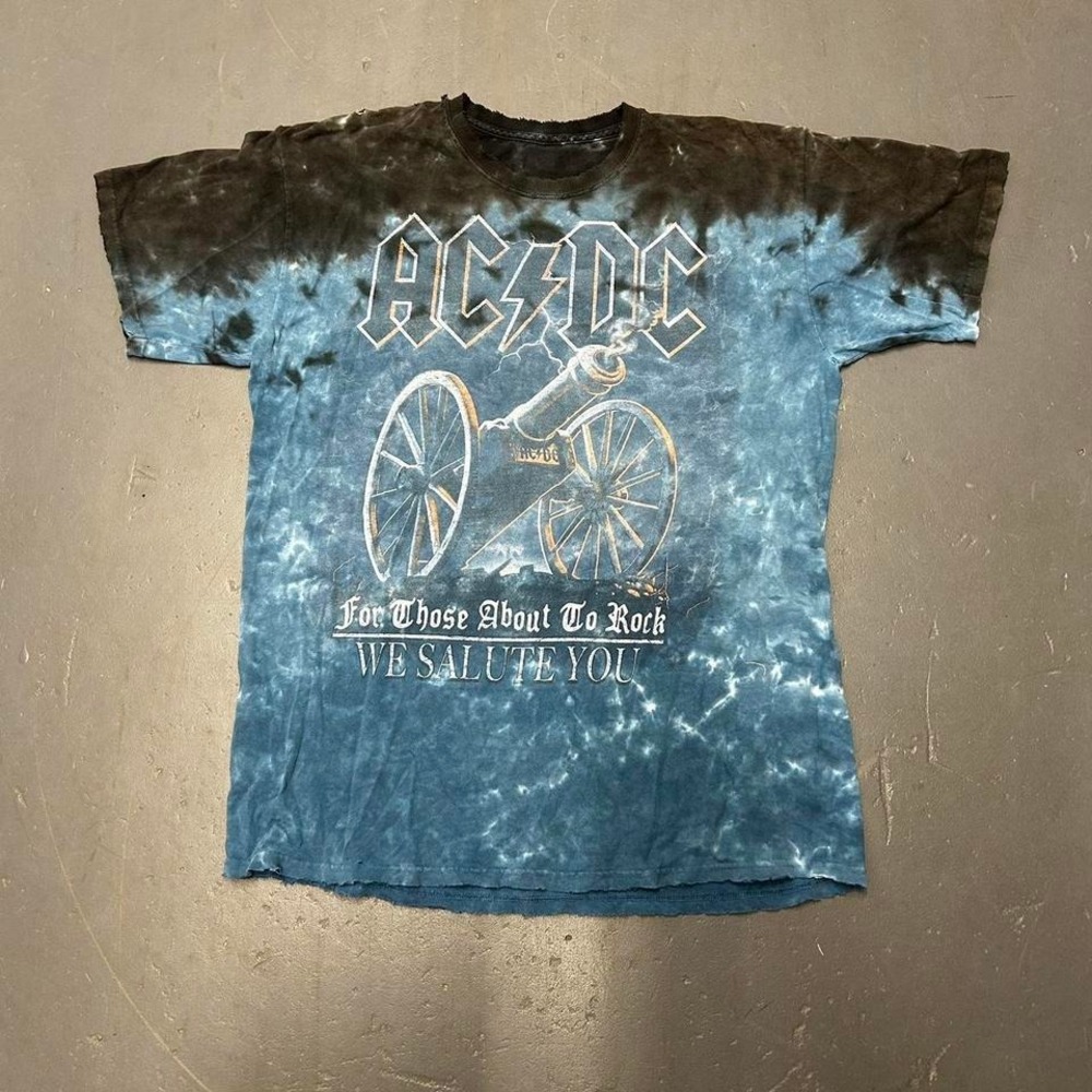 Vintage 2000s distressed AC/DC for those about to rock black and blue tiedye tee
